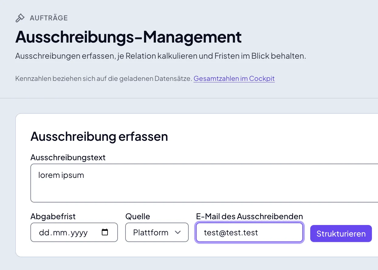 Erfassungsmaske im Ausschreibungs-Management
