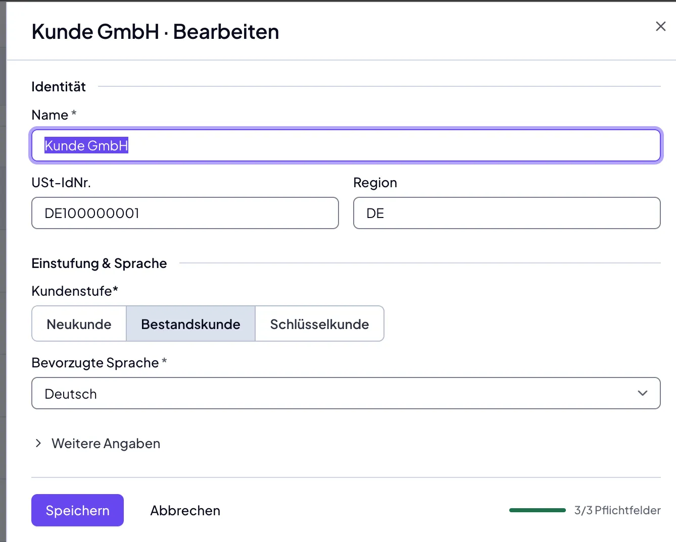 Bearbeitungsmaske eines Kundenprofils mit Einstufung und Sprache